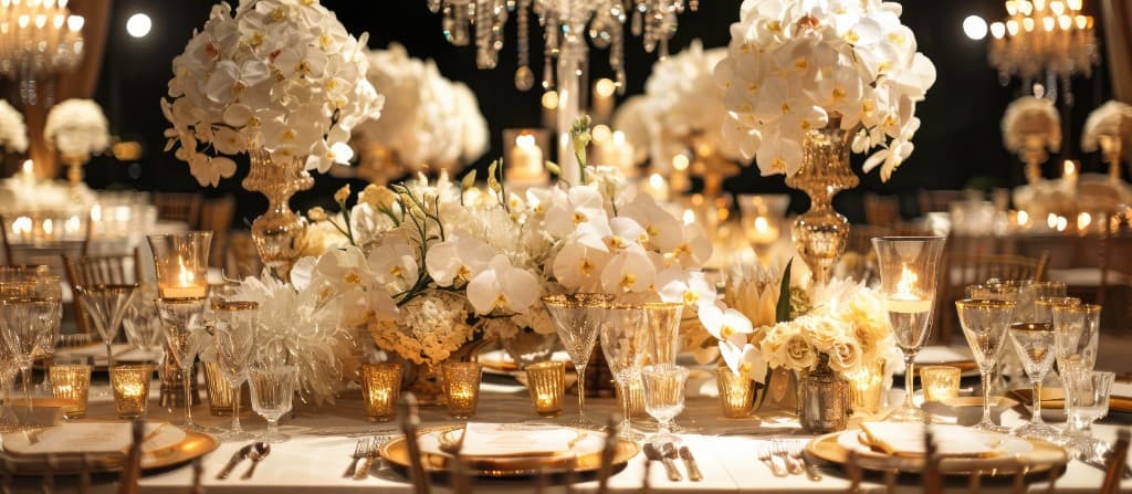 Elegant banquet table with white orchids, gold chargers and candlelight